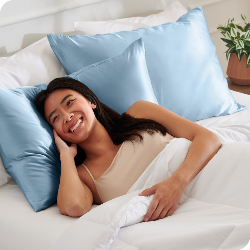 Ensemble de taies d'oreiller en satin avec fermeture à glissière, Grand , Bleu clair