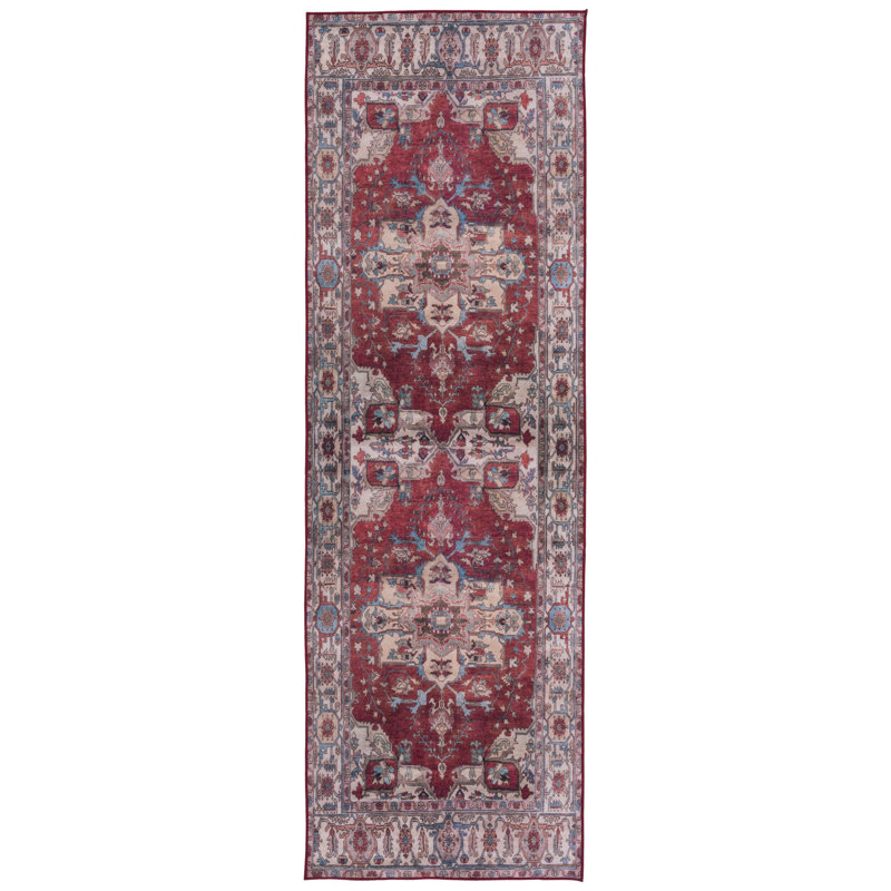 Sonia Oriental Red/Beige Power Loom Area Rug, Runner 2'6" x 14'