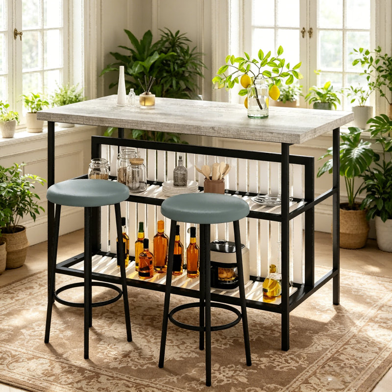 Ensemble de table de bar et de chaises pour petit espace 3 pièces, table de pub à hauteur de comptoir avec 2 tabourets de bar confortables, ensemble de salle à manger industriel rétro pour appartement, coin repas