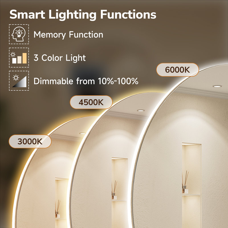 Adorna Round Frameless Backlit LED Bathroom Vanity Mirror, 32'' x 32''