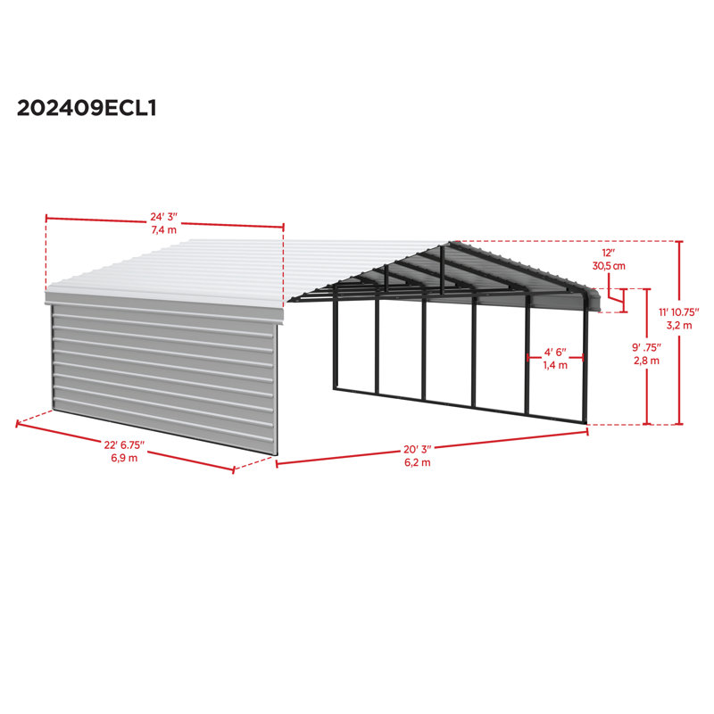 Charcoal Steel Carport Kit with 1-Sided Enclosure, 20' x 24'