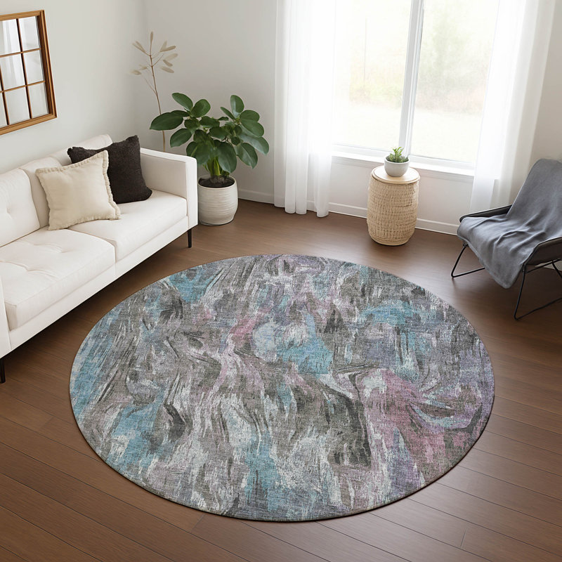 Tapis abstrait lavable à la machine intérieur / extérieur ACN2269 Houtz, Rond 8 pi