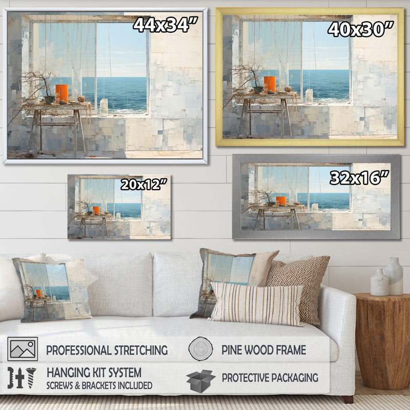 Fenêtres de plage Horizon - salon d'art mural plage et océan, H 30 po x l 40 po x P 1,5 po, Cadre simple argenté