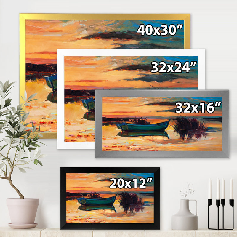 «Boat Pendant Evening Glow At The Lake I», peinture sur toile, H 12 po x l 20 po x p 1 po, Encadrement doré