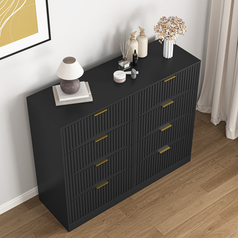 Commode cannelée 47 tiroirs 47 po avec poignée dorée, Noir