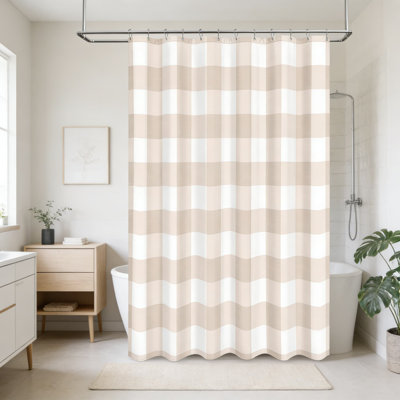 Classic Gingham Plaid Faux Linen Shower Curtain Set, Waterproof Bathroom Decor With Hooks, Standard 72X72 Inch For Bathtub And Shower Stall