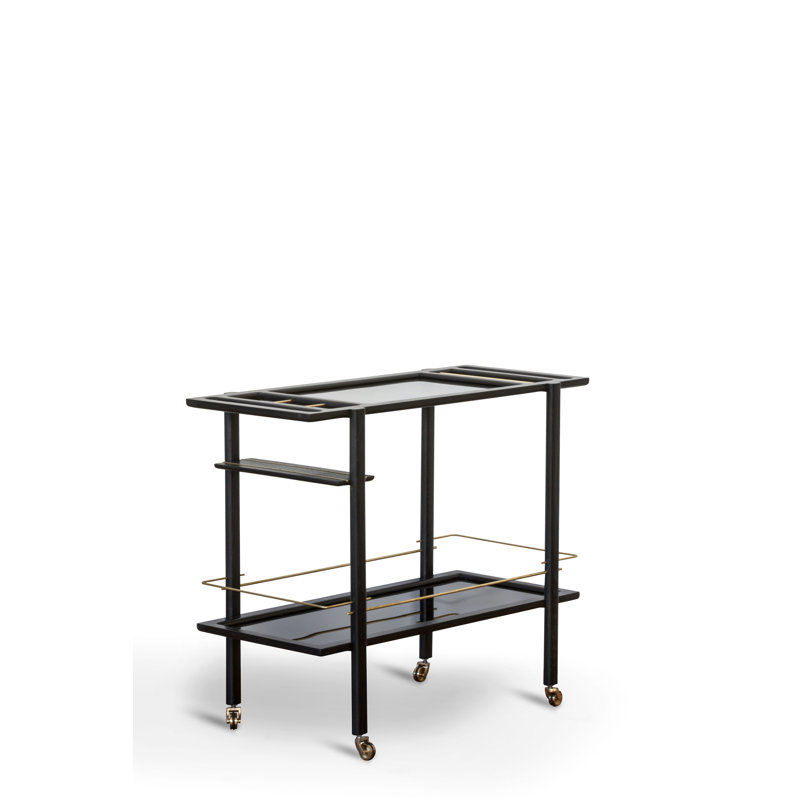 Solid Wood Bar Cart with Wheels, Ebonized Oak/Brass