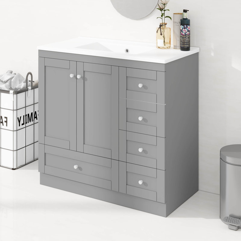 Meuble-lavabo 36 po à fermeture douce avec lavabo en résine, 4 tiroirs, Gris