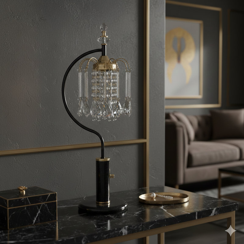 Grande lampe de table en métal de 27 pouces au fini noir, avec un design inspiré des lustres en cristal