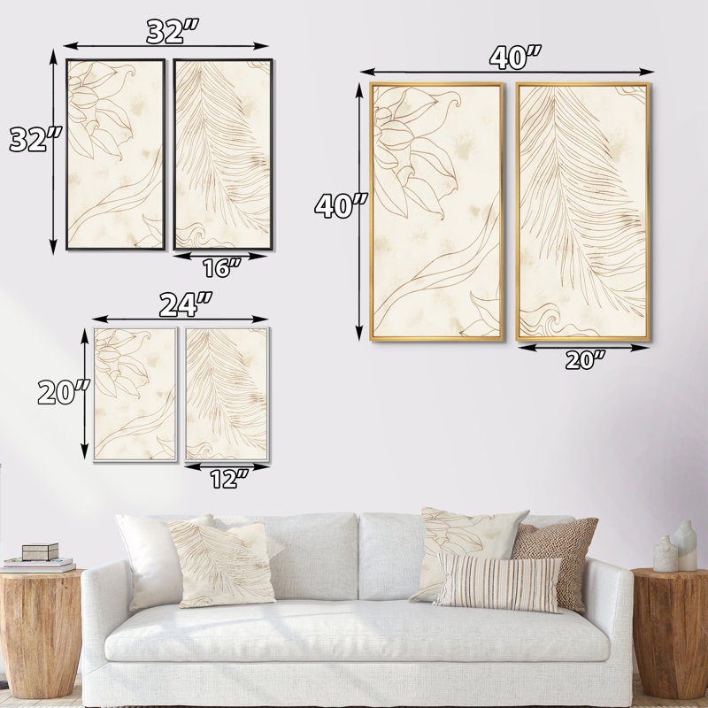 «Beige Leaves Line Minimalist Botanical I», ensemble de 2 impressions, H 32 po x l 32 po x P 1 po, Toile avec cadre brun