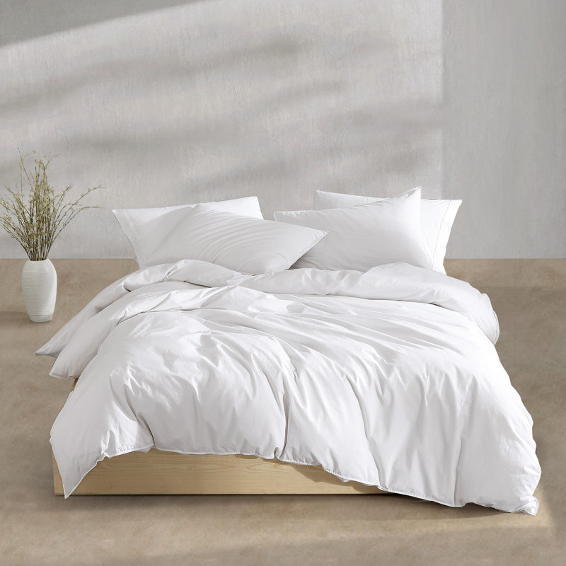 Calvin Klein Washed Percale Solid Cotton Comforter Set, Queen Comforter + 2 Standard Shams, White