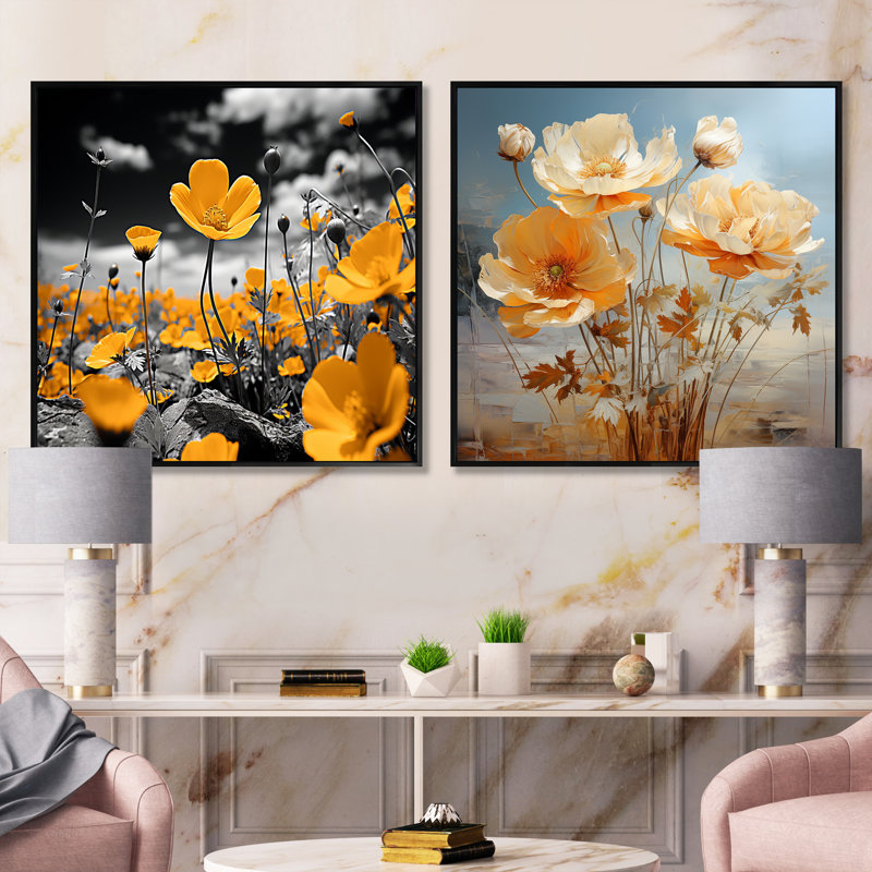 Jaune Buttercups Buttercup Meadow - ensemble de 2 collages floraux carrés, Cadre flottant noir, H 16 po x l 33 po