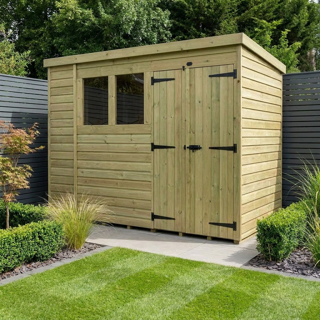 Total Sheds 11ft x 5ft Pent Garden Shed - Double Door - With Windows - Pressure Treated Timber - UK Manufactured
