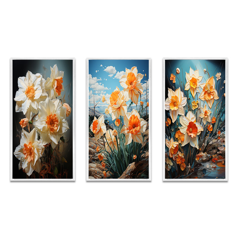 «White Affodils Romantic Impression», ensemble de 3 impressions, Cadre blanc, H 40 po x l 60 po