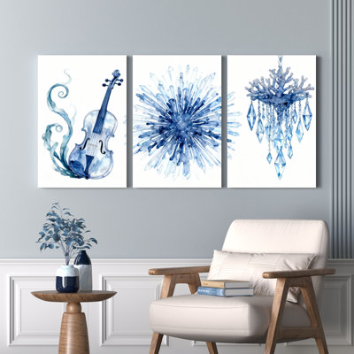Ensemble de 3 tableaux muraux sur toile tendue, représentant un violon, un pissenlit et un lustre à l'aquarelle bleue