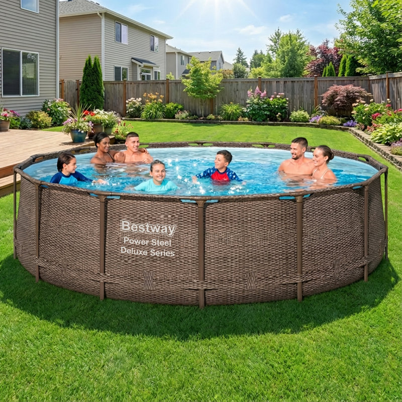 Bestway Power Steel Round Above Ground Outdoor Swimming Pool Set with Filter Pump and Cover, 14' W x 42" H