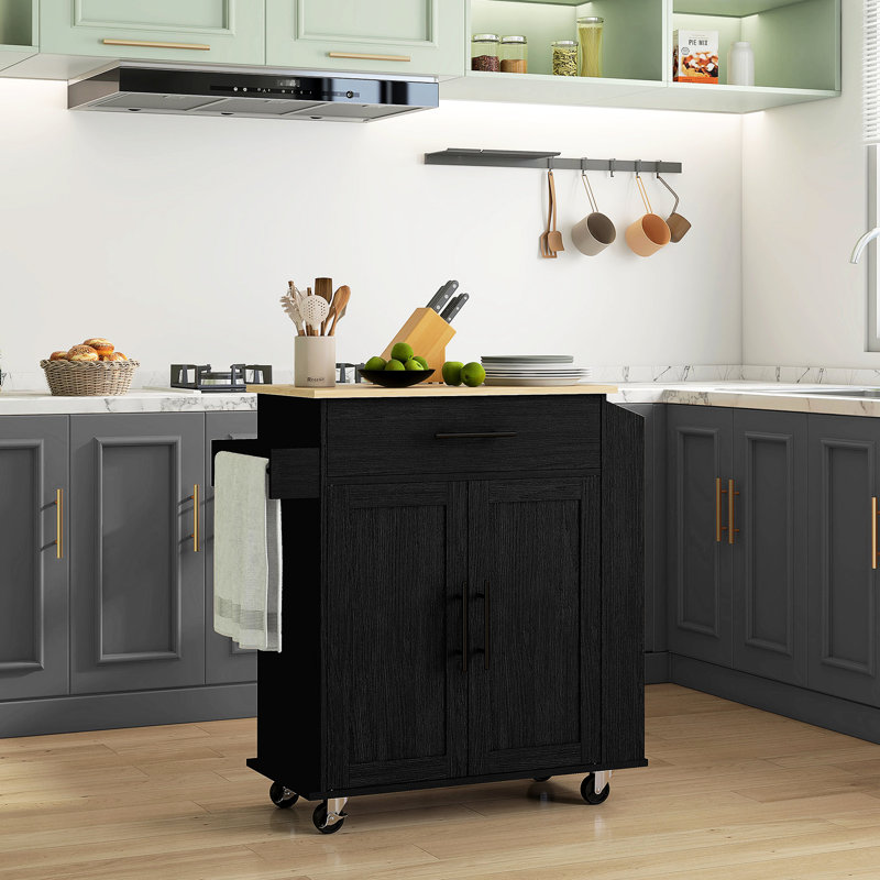 Chariot pour îlot de cuisine avec rangement, support pour micro-ondes, support à épices, prises et ports noirs, roulant