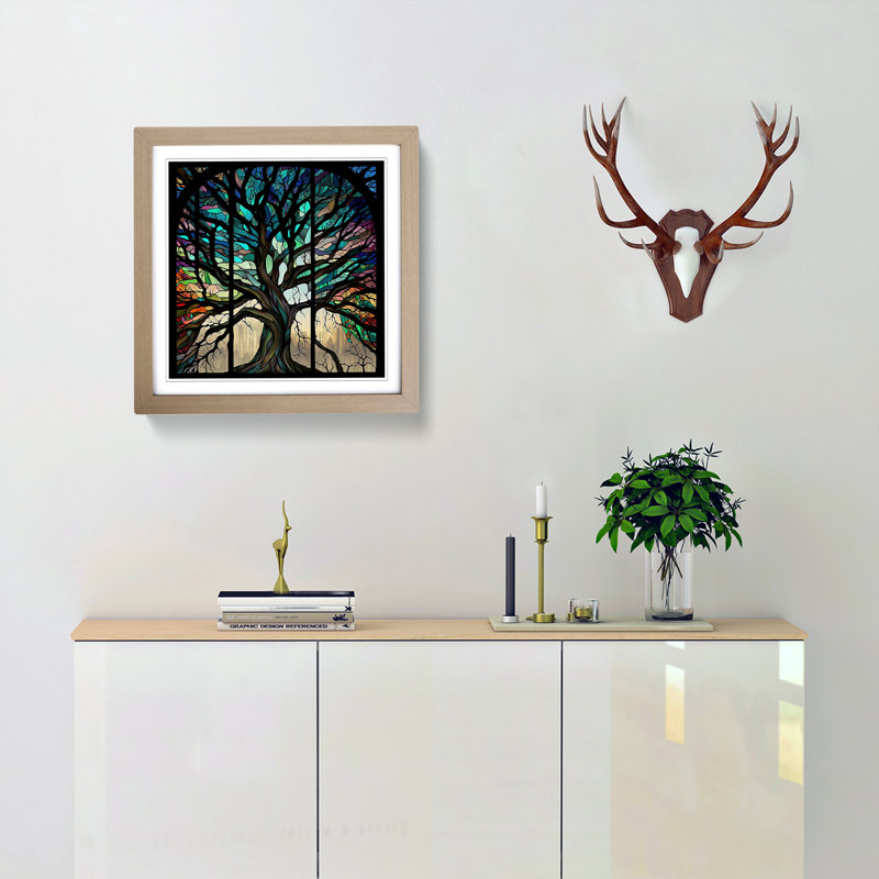 Tree Stained Glass Effect - Framed Print, Oak