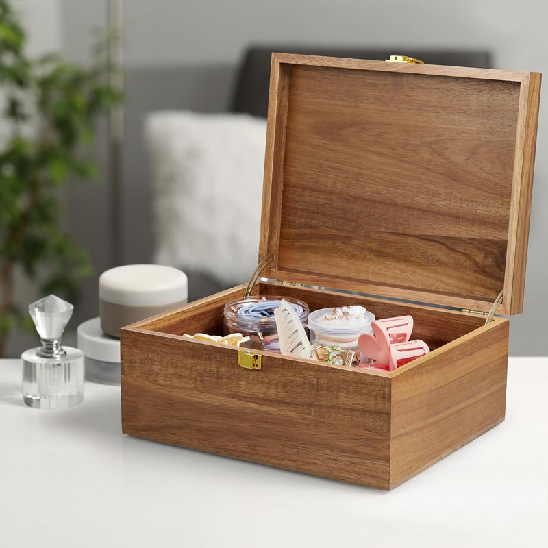 Keepsake Box, Wooden Box With Hinged Lid, Large Memory Box, Acacia Wooden Storage Box, Decorative Wooden Box With Lids, Treasure Box For Crafts, Photo Storage Box