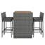 Ensemble de bar d'extérieur en osier 5 pièces 5 pièces avec plateau en bois d'acacia, table de patio à hauteur de bar gris et 4 tabourets avec coussins amovibles