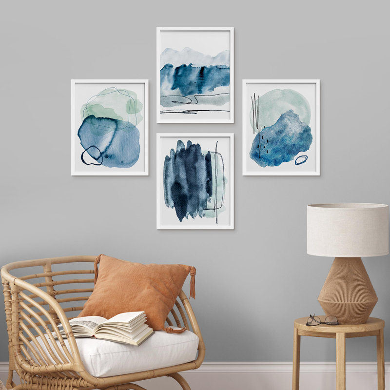 «Blue Mid-Century Paint Stroke Landscape», ensemble de 4 reproductions de cadres photo simples, H 10 po x l 8 po, Blanc