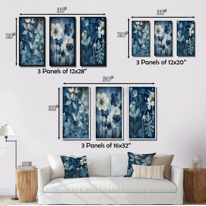 «Fleurs botaniques rétro en bleu délavé II», 3 pièces, Cadre flottant noir, H 32 po x l 48 po