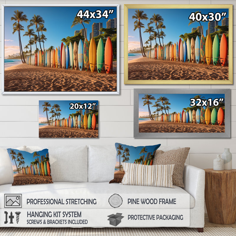 Truitts Hawaii Surfers Paradise - Art mural d'Hawaï, Cadre simple blanc, H 30 po x l 40 po x P 1,5 po
