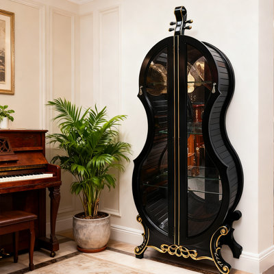 31.1" Black & Gold Trimmed Oak Violin-Shaped Solid Wood Wine Cabinet, Luxury Carved Glass Double-Door Living Room Display Cabinet