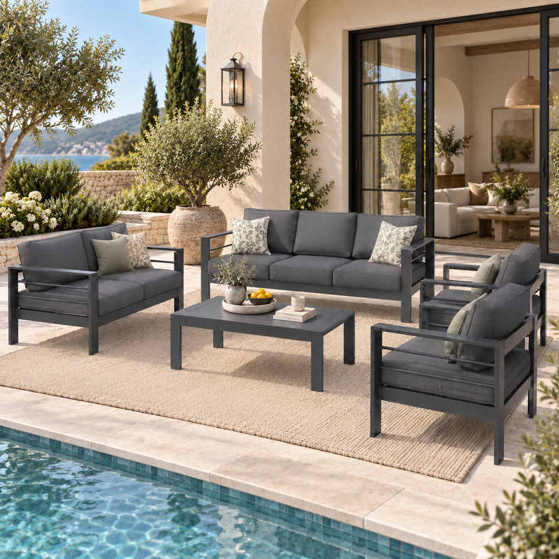 Ensemble de conversation de patio en aluminium pour 7 personnes avec coussins amovibles