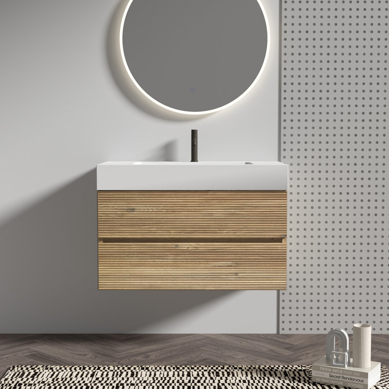 Meuble-lavabo en chêne brut + chêne brut 36 "avec lavabo en quartz blanc et tiroirs souples Grace, meuble-lavabo mural flottant pour salle de bain moderne, lavabo blanc une pièce