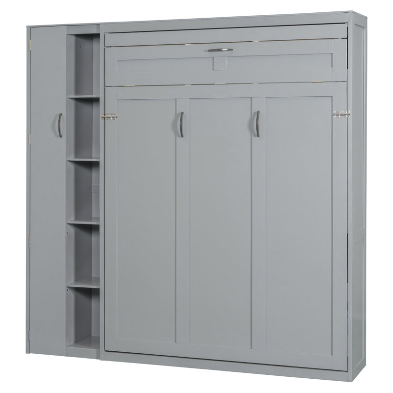 Lit escamotable gris complet avec lumières DEL, tablettes et garde-robe - Lit avec rangement peu encombrant, Gris, Double