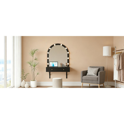 Meuble-lavabo mural flottant avec miroir à DEL 3 lumières de couleur, coiffeuse compacte avec prise de courant et recharge USB, grand meuble-lavabo peu encombrant pour salle de bain, noir