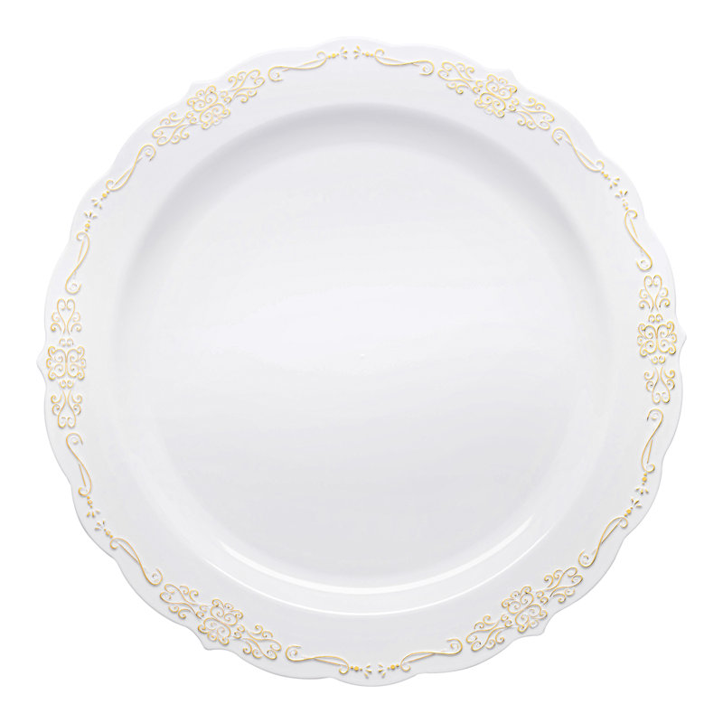 White with Gold Vintage Rim Round Disposable Plastic Appetizer/Salad Plates (7.5")