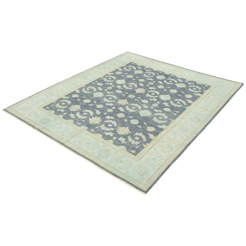 Tapis décoratif de laine noué à la main bleu marine/gris en laine de conception unique 8 pi 2 po x 9 pi 10 po new age
