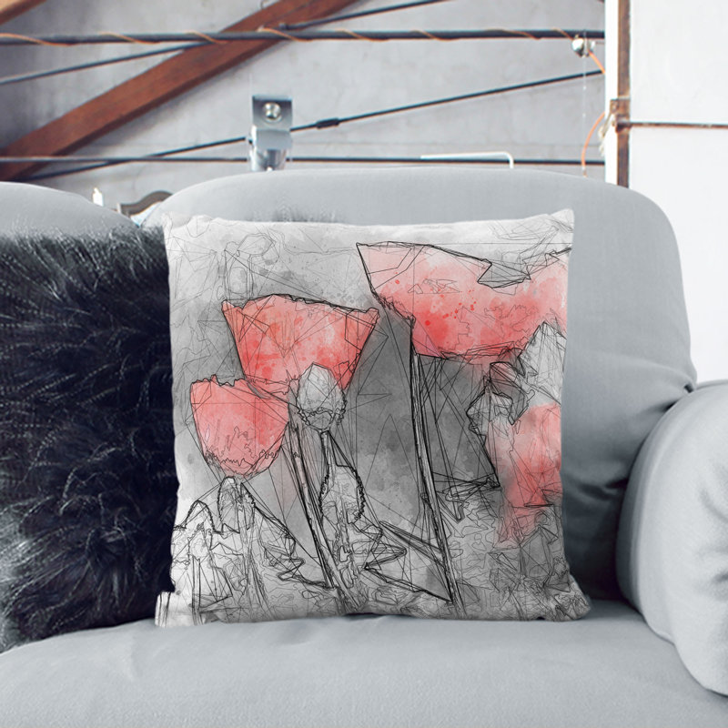 Poppy Field Sketch Cushion with Filling, 55cm H x 55cm W x 20cm D, Black