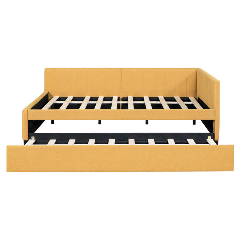 Upholstered Daybed With Trundle In Yellow Linen, No Box Spring, Robust Wood Frame For A Functional Living Room Full Sized Trundle, Stable And Long-Lasting
