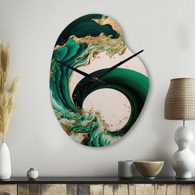 Emeraude vert et or abstrait vagues IV - spirale abstraite asymétrique horloge en métal, forme unique horloge murale verte