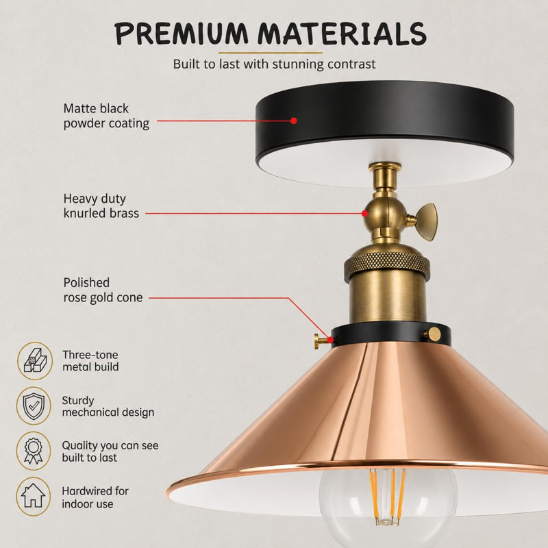Modern Adjustable Semi Flush Mount Ceiling Light with Cone Shade, Rose Gold