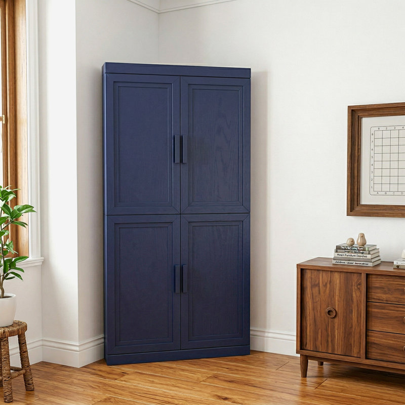 Corner Accent Cabinet with Doors and Adjustable Shelves Wine Cabinet for Living Room Dining Room, Blue, 62" H x 31" W x 16" D