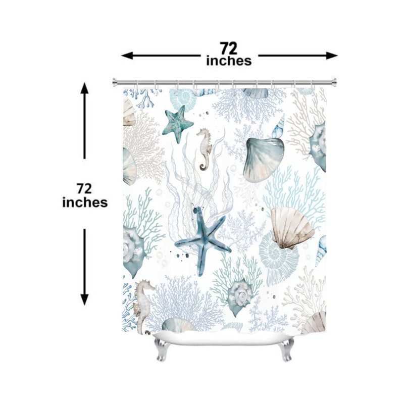 Rideau de bain Seahorse Coral Seashell 72 po x 72 po (180 x 180 cm) menthe avec crochets
