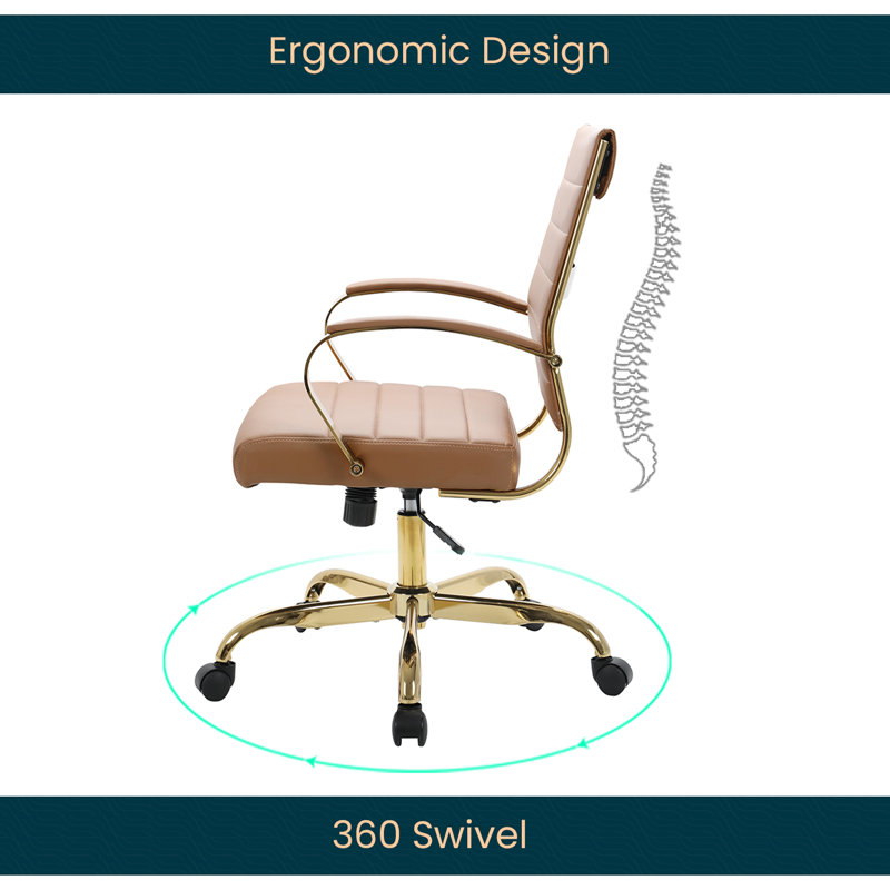 Mid-Century Swivel Office Chair in Brown Faux Leather and Gold Metal