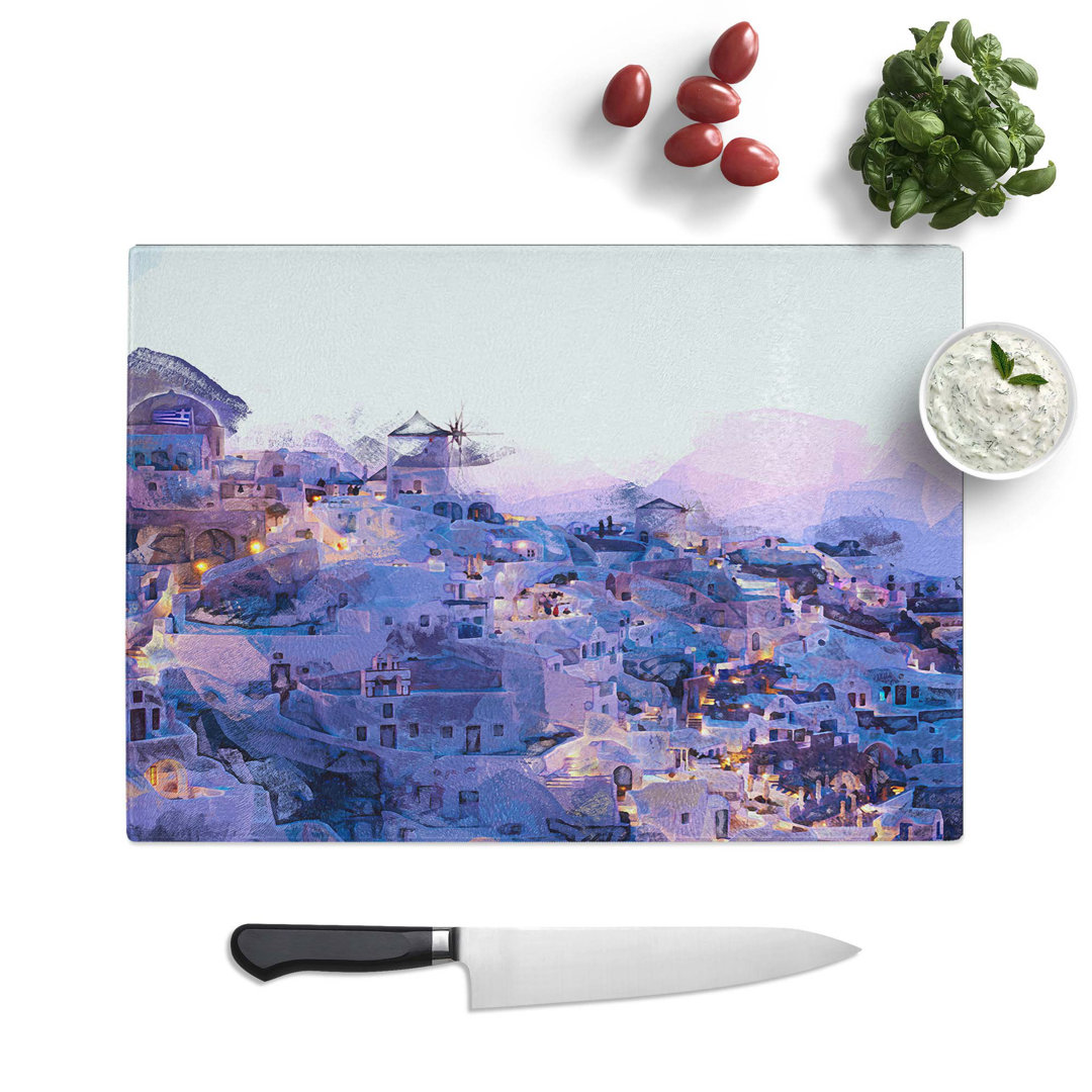 Tempered Glass The Oia Santorini Skyline in Greece in Abstract Chopping Board