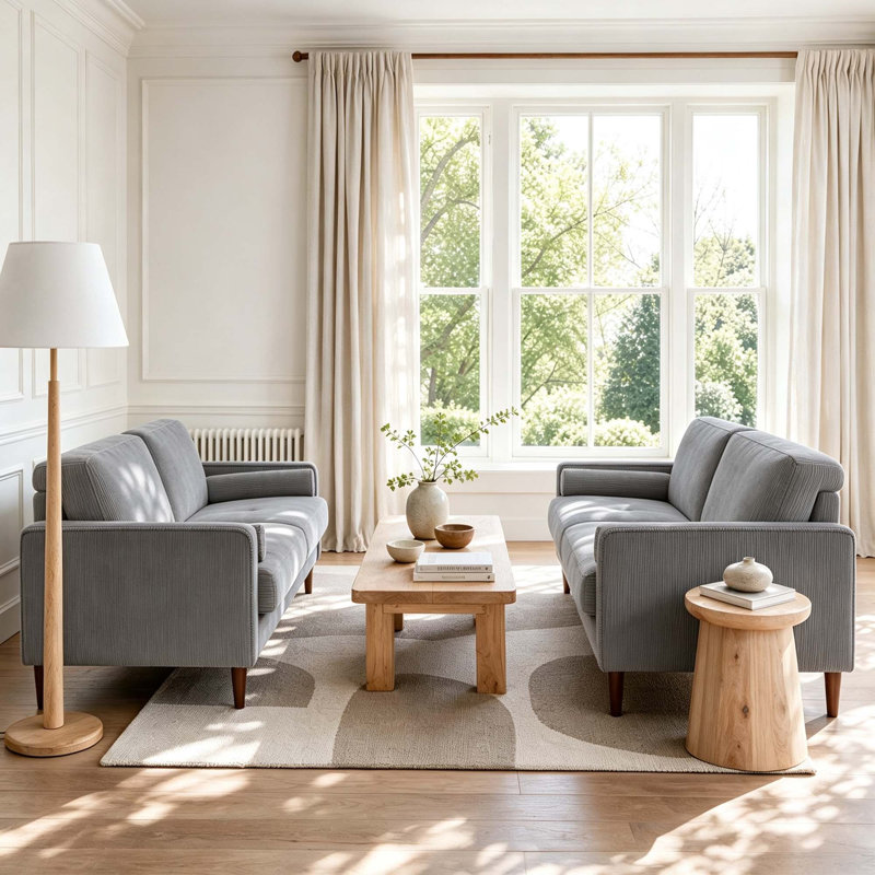 Canapé à accoudoirs carrés 62,7 po Carmelinda, Velours côtelé gris pâle
