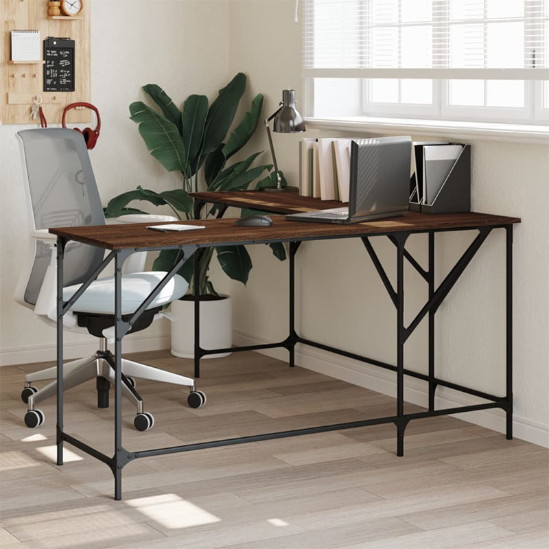 Aaina L-Shaped Metal Base Writing Desk, Brown Oak