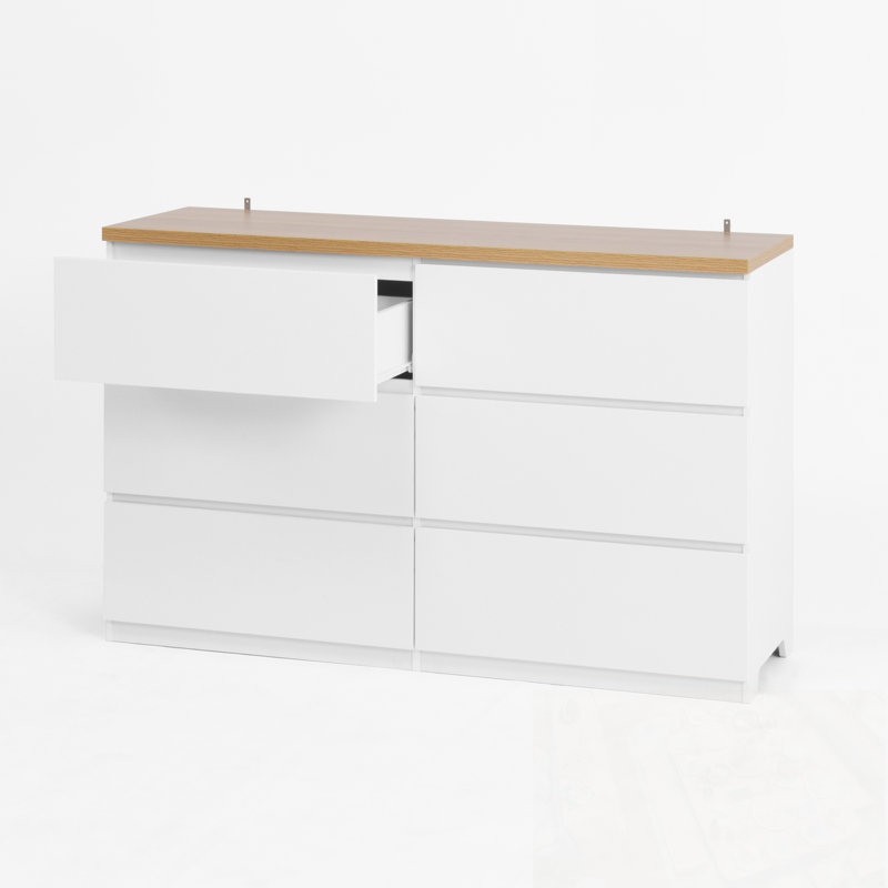 Commodes décoratives avec 6 tiroirs profonds, Blanc et naturel