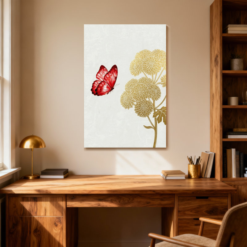 Plantes et fleurs, motif papillon rouge et fleurs dorées, H 18 po x l 12 po