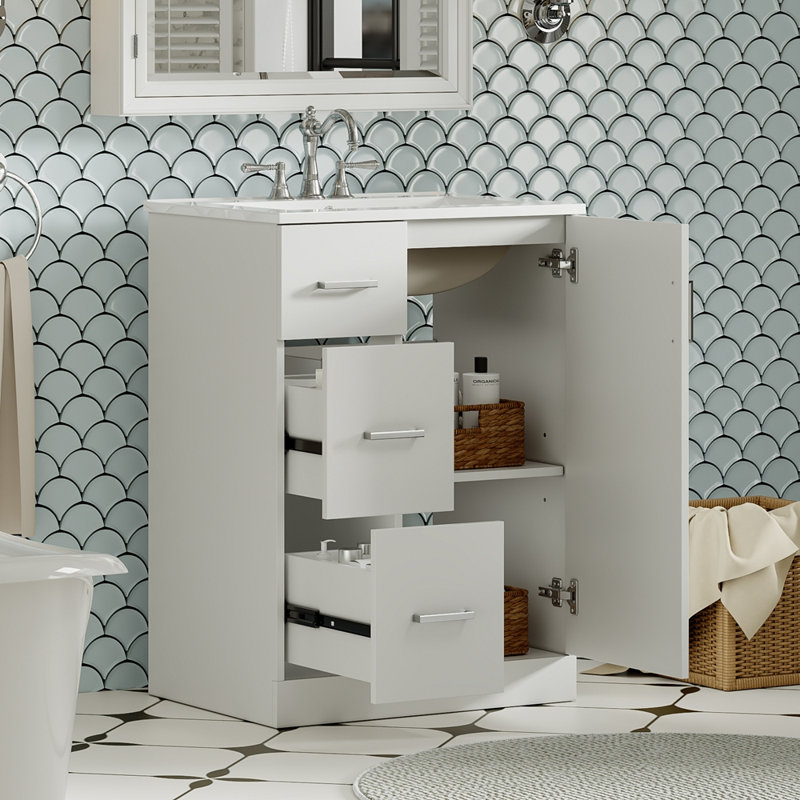 Meuble-lavabo compact avec rangement réglable intelligent et design moderne et élégant pour les petits espaces, Blanc