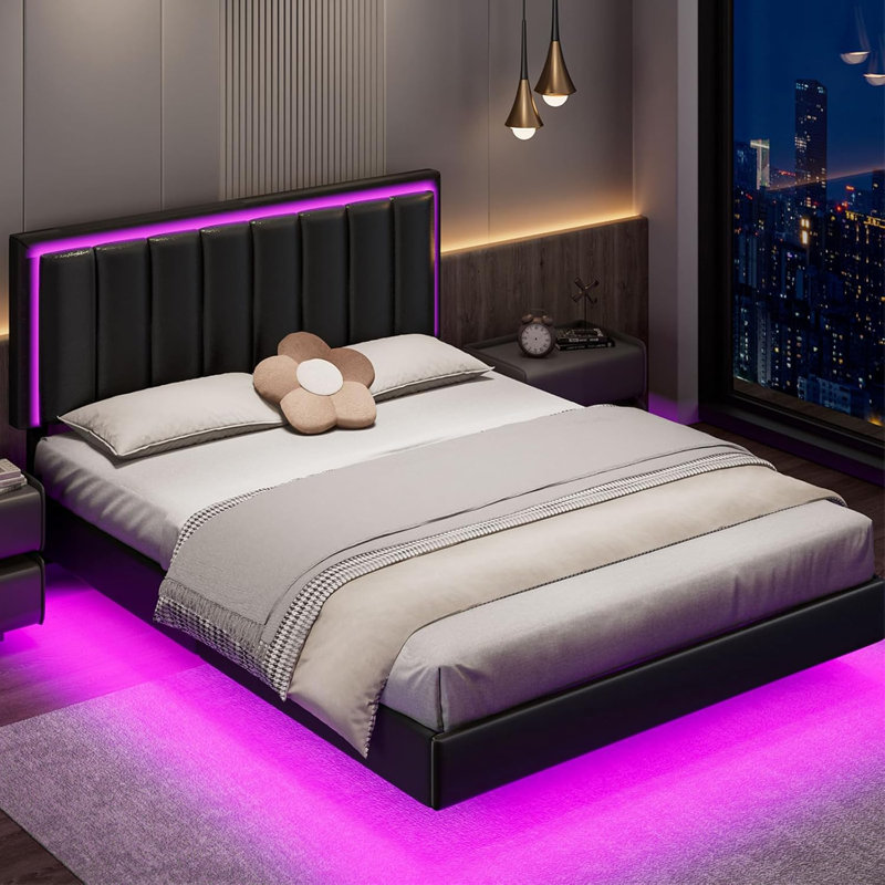 Floating bedstead double bed with RGB LED light, upholstered bedstead double bed with headboard, solid wood Flat noodles support, no spring, no noise, easy to assemble