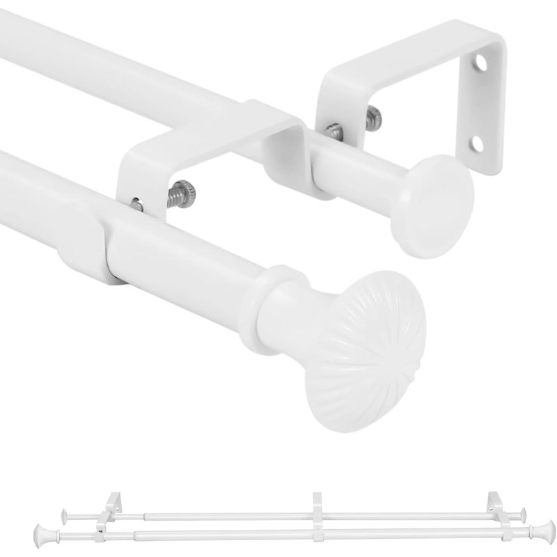 Ensemble de tringle à rideaux télescopique 5/ 5/8 po de diamètre avec faîteaux de trompette, 84"-120", Blanc
