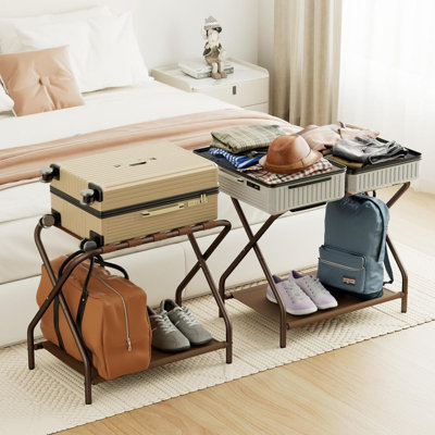 Luggage Rack Set of 2 Foldable Suitcase Stand Metal with Storage Shelf, Guest Room, Bedroom, Hotel, Easy Assemble, Bronze